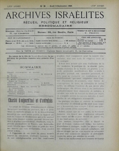Archives israélites de France. Vol.70 N°36 (09 sept. 1909)